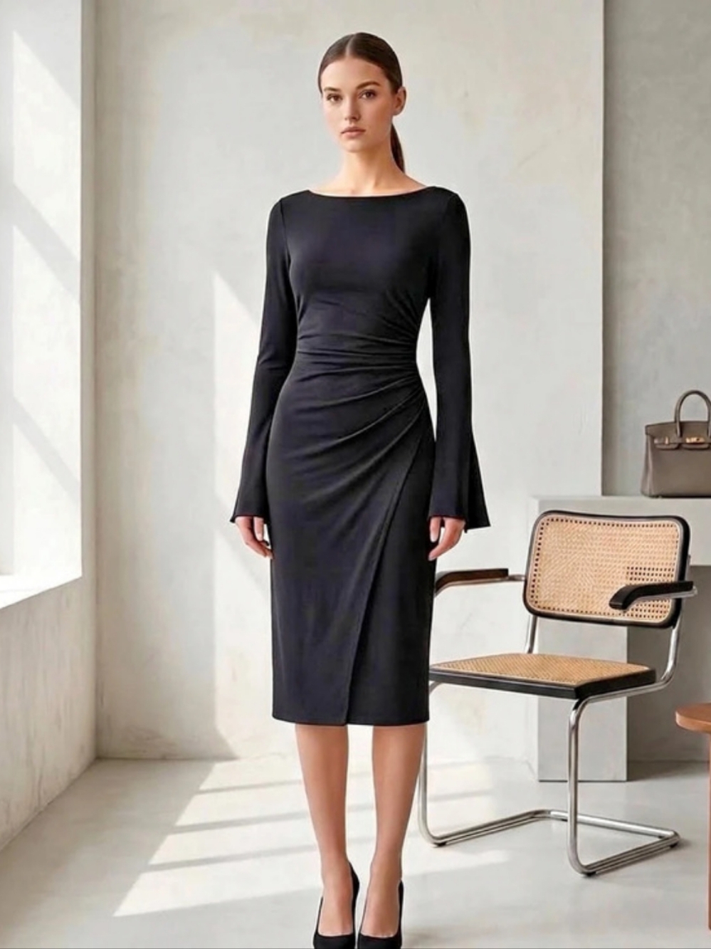 😍Connected Apparel Women's Long Sleeve Midi Dress Black Size 10